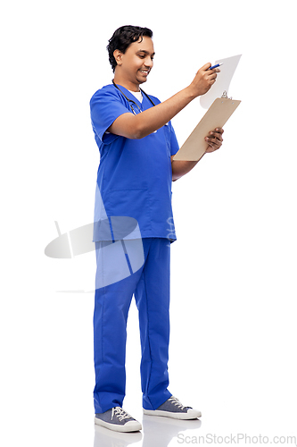 Image of happy indian male doctor with clipboard