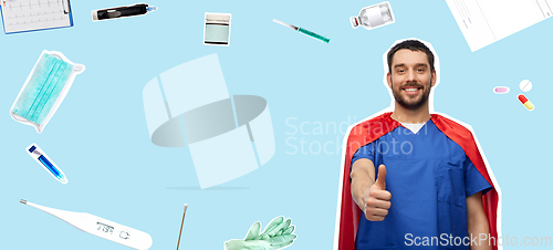 Image of smiling doctor or male nurse in superhero cape