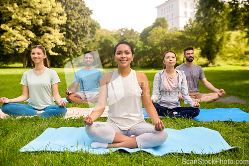 Image of group of people doing yoga at summer park