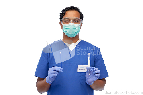 Image of male doctor in mask with cotton swab and test tube