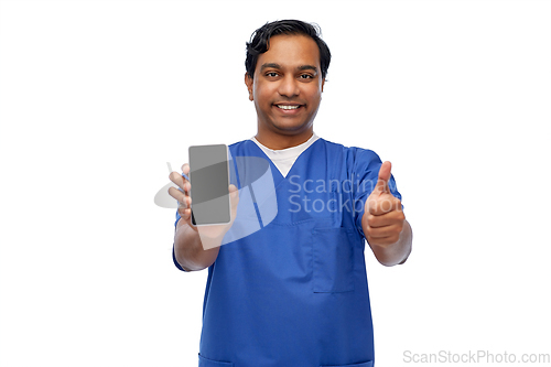 Image of doctor or male nurse with phone showing thumbs up