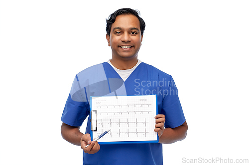 Image of smiling male doctor with cardiogram on clipboard