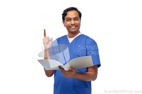 Image of indian male doctor with folder pointing finger up