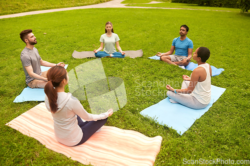 Image of group of people doing yoga at summer park