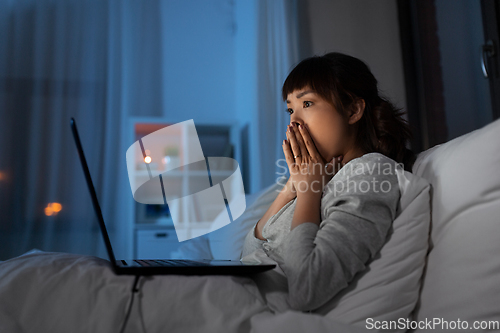 Image of stressed woman with laptop working in bed at night