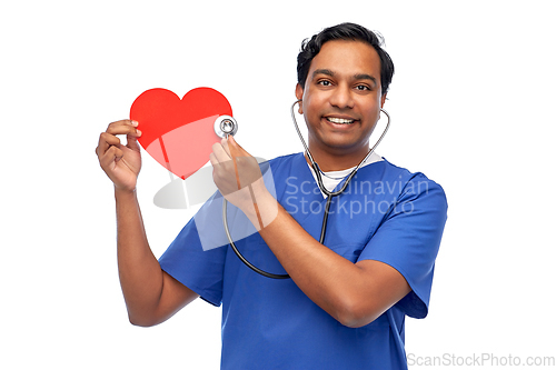 Image of indian male doctor with red heart and stethoscope