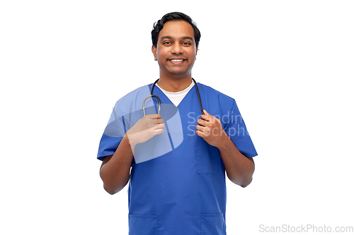 Image of happy indian doctor or male nurse with stethoscope