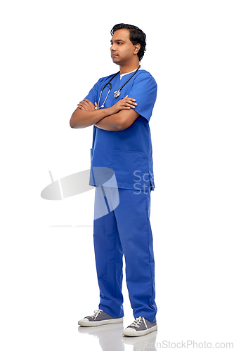 Image of indian doctor or male nurse in blue uniform