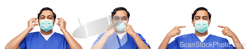 Image of indian male doctor in blue uniform putting mask on