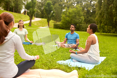 Image of group of people doing yoga at summer park