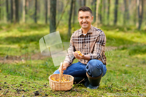 Image of happy man with basket picking mushrooms in forest