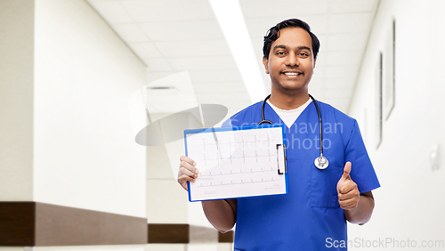 Image of indian male doctor with cardiogram shows thumbs up