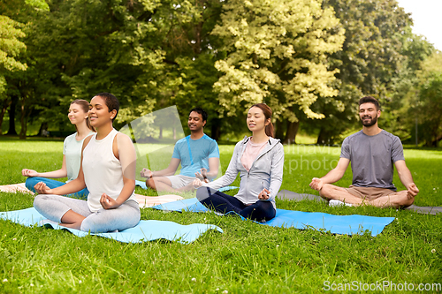 Image of group of people doing yoga at summer park