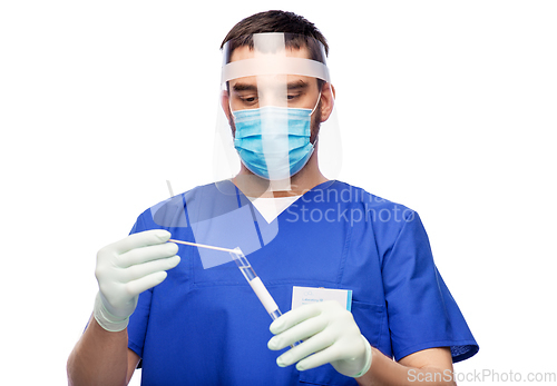 Image of male doctor in mask with cotton swab and test tube