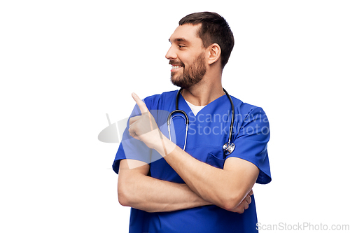 Image of smiling doctor or male nurse with stethoscope