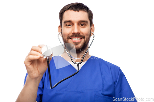 Image of smiling male doctor or nurse with stethoscope
