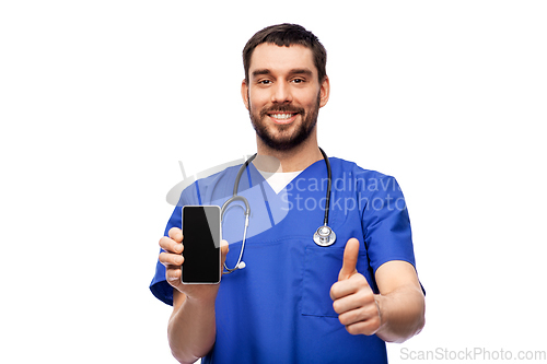 Image of doctor or male nurse with phone showing thumbs up