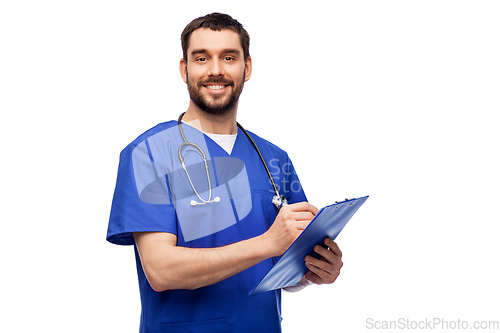 Image of male doctor writing medical report on clipboard
