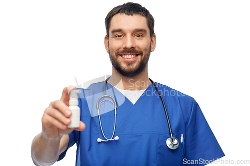 Image of doctor or male nurse with medicine and stethoscope