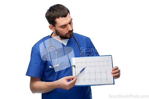 Image of male doctor with cardiogram on clipboard