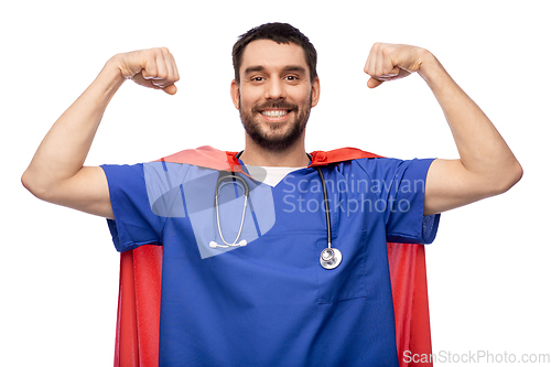 Image of smiling doctor or male nurse in superhero cape