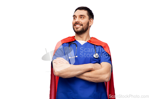 Image of smiling doctor or male nurse in superhero cape