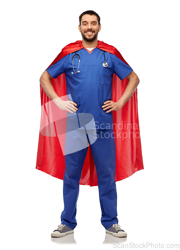 Image of smiling doctor or male nurse in superhero cape