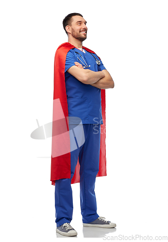 Image of smiling doctor or male nurse in superhero cape