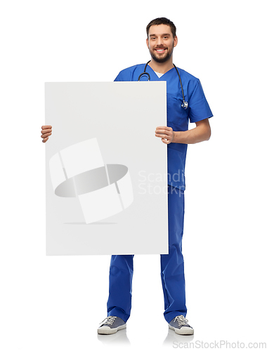 Image of smiling male doctor or nurse with big white board