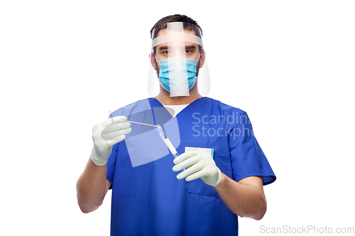 Image of male doctor in mask with cotton swab and test tube