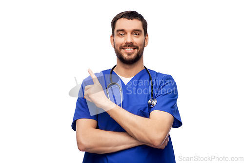 Image of smiling doctor or male nurse with stethoscope