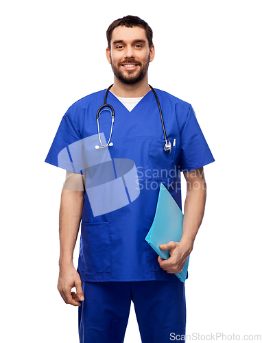 Image of smiling doctor or male nurse with folder