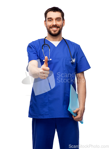 Image of doctor or male nurse with folder showing thumbs up