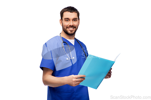 Image of happy male doctor reading medical report in folder