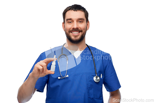 Image of doctor or male nurse with medicine and stethoscope