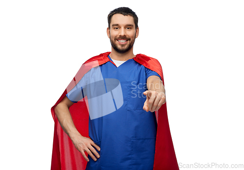 Image of smiling doctor or male nurse in superhero cape