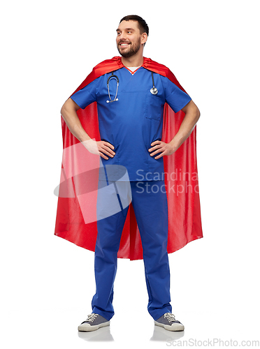 Image of smiling doctor or male nurse in superhero cape