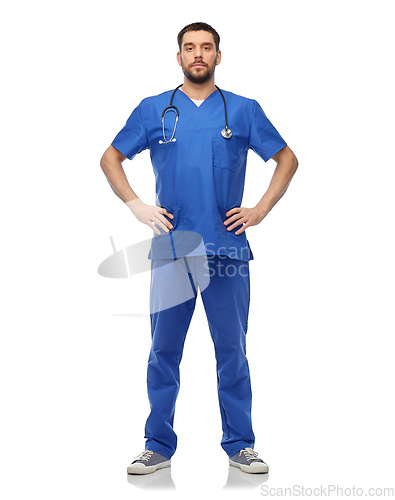 Image of doctor or male nurse with stethoscope