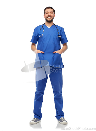 Image of smiling doctor or male nurse with stethoscope