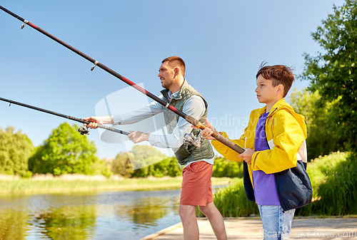 Image of father and son fishing on river