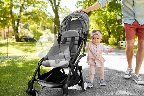 Image of father with child in stroller at summer park