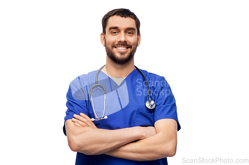 Image of smiling doctor or male nurse with stethoscope