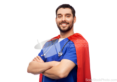 Image of smiling doctor or male nurse in superhero cape