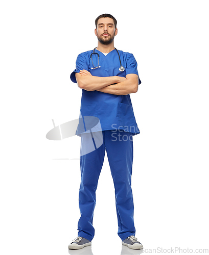 Image of doctor or male nurse with stethoscope