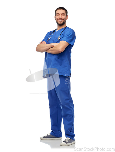 Image of smiling doctor or male nurse with stethoscope