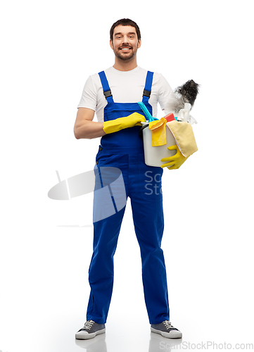 Image of male cleaner in overal with cleaning supplies