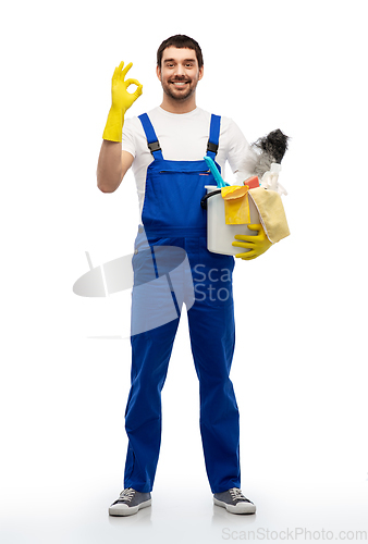 Image of male cleaner with cleaning supplies showing ok