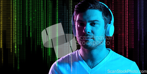 Image of man in headphones over neon lights and binary code