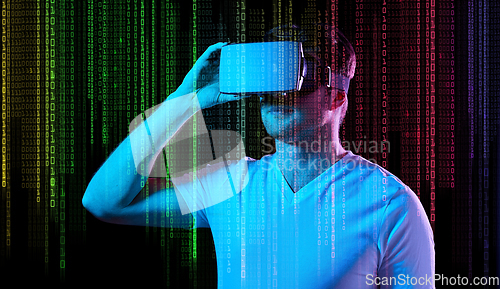 Image of man in vr glasses over neon lights and binary code