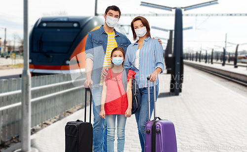 Image of family in masks with travel bags over train